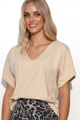 beige blouse for women, relaxed & bold, makadamia fashion
